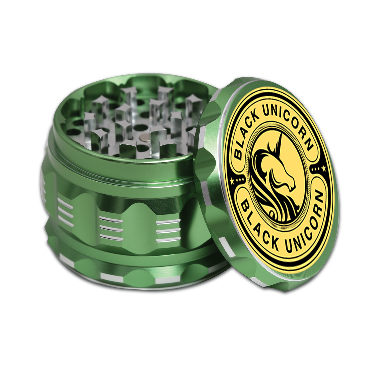 Black Unicorn Grinder with Pollen Catcher. Large 4 Piece, 2.5" Aluminum (Green)