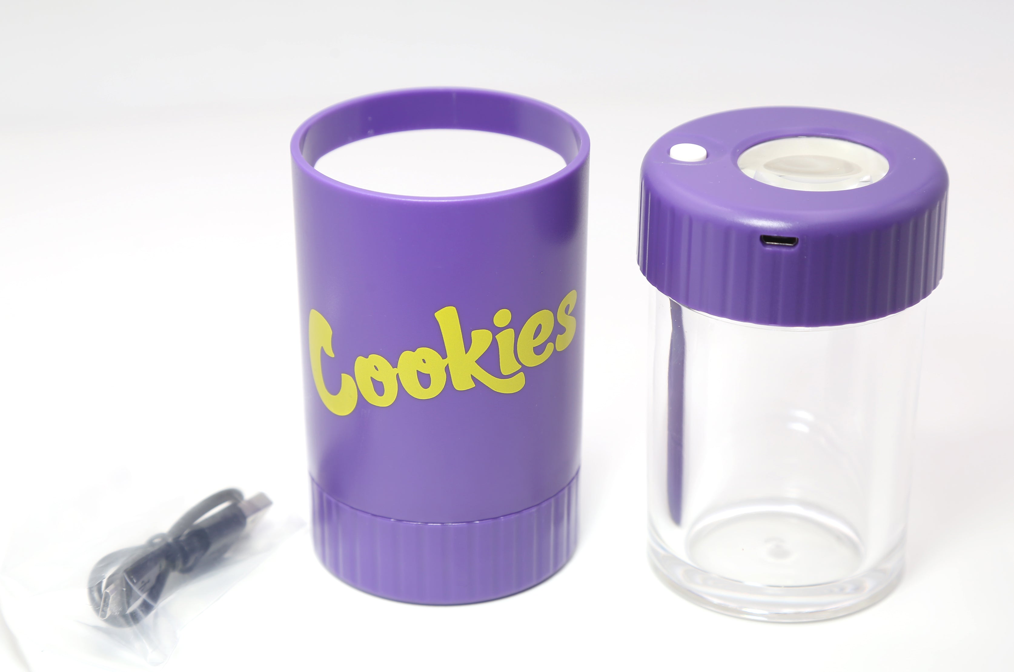 Cookies Mag Jar with Grinder -Airtight storage stash container led magnifying jar (Purple)