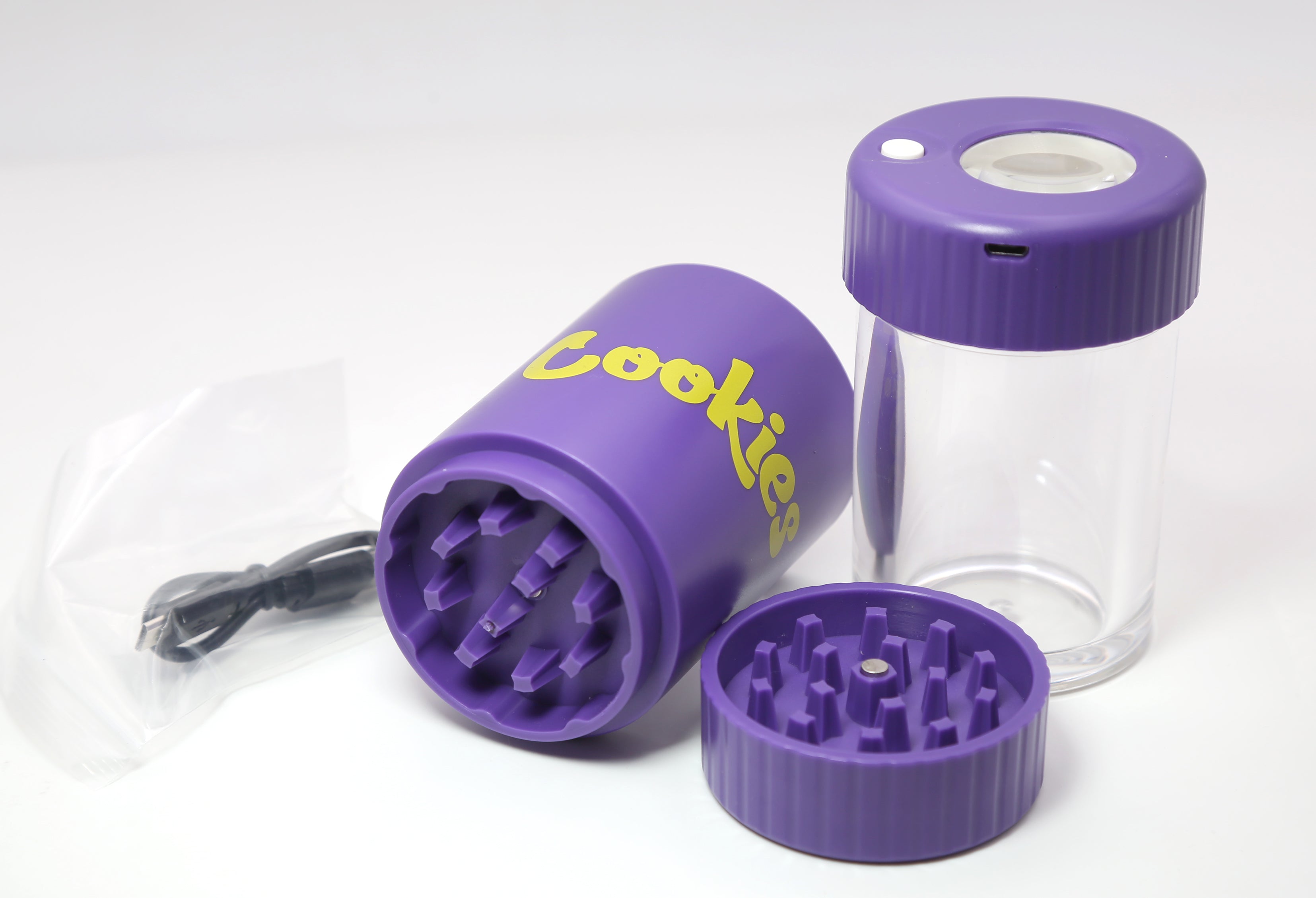 Cookies Mag Jar with Grinder -Airtight storage stash container led magnifying jar (Purple)